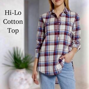 CASLON Long Sleeve 3/4 Button Front 100% Cotton Lightweight Plaid Blouse